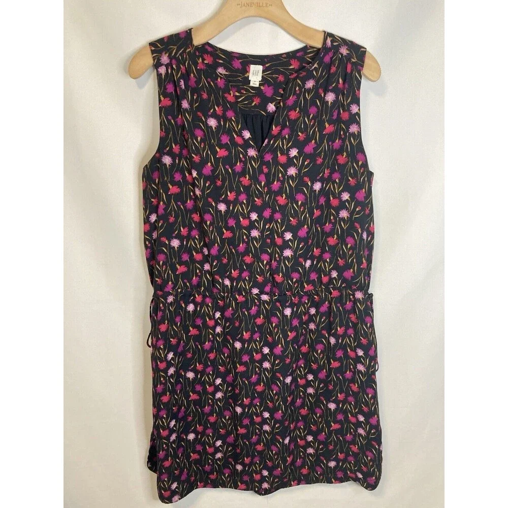 GAP Mini Dress M Drawstring Waist Black Pink Ditsy Floral Fairy Sleeveless Boho